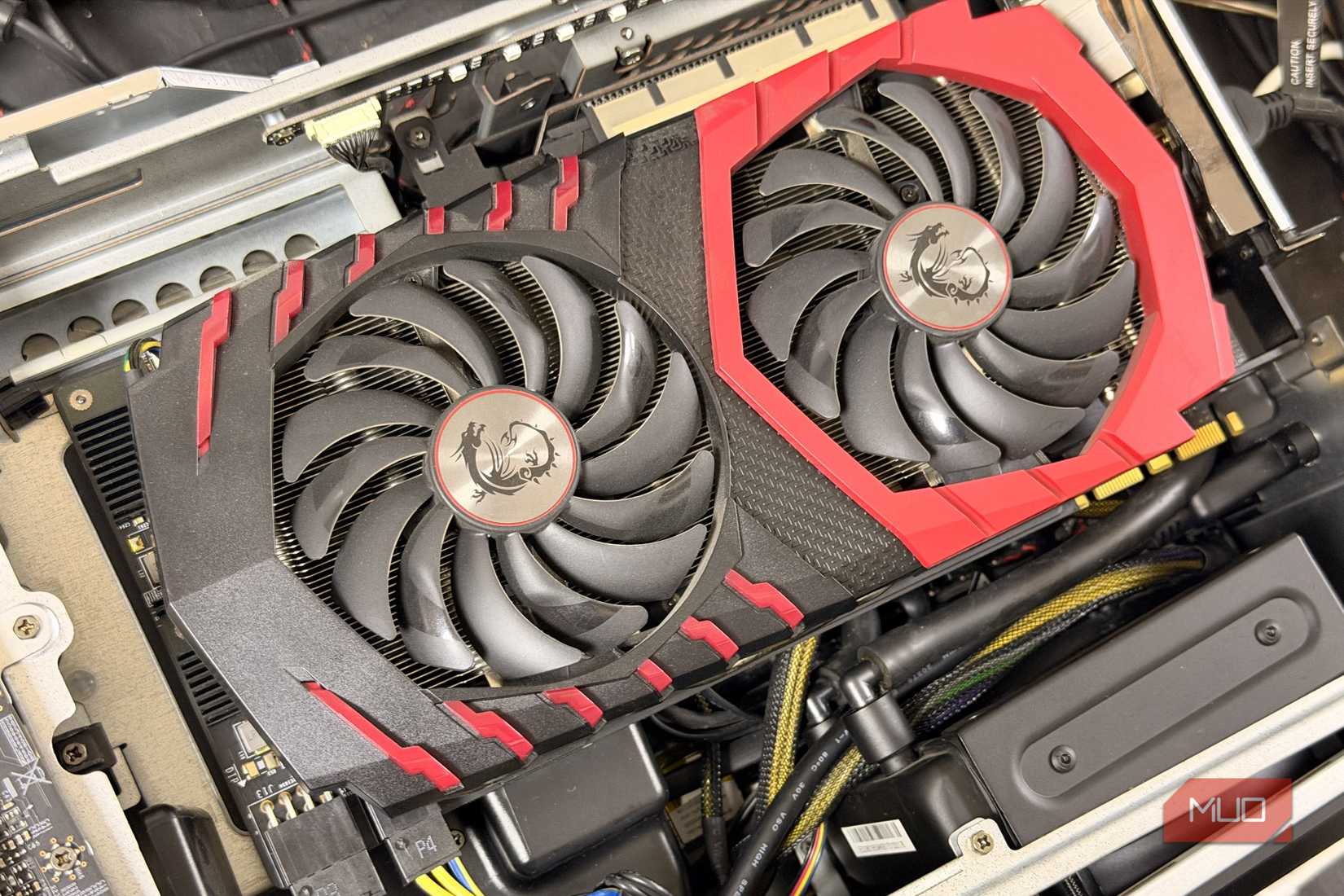 Close up of dual fans on an MSI GeForce GTX 1080 graphics card installed in the case