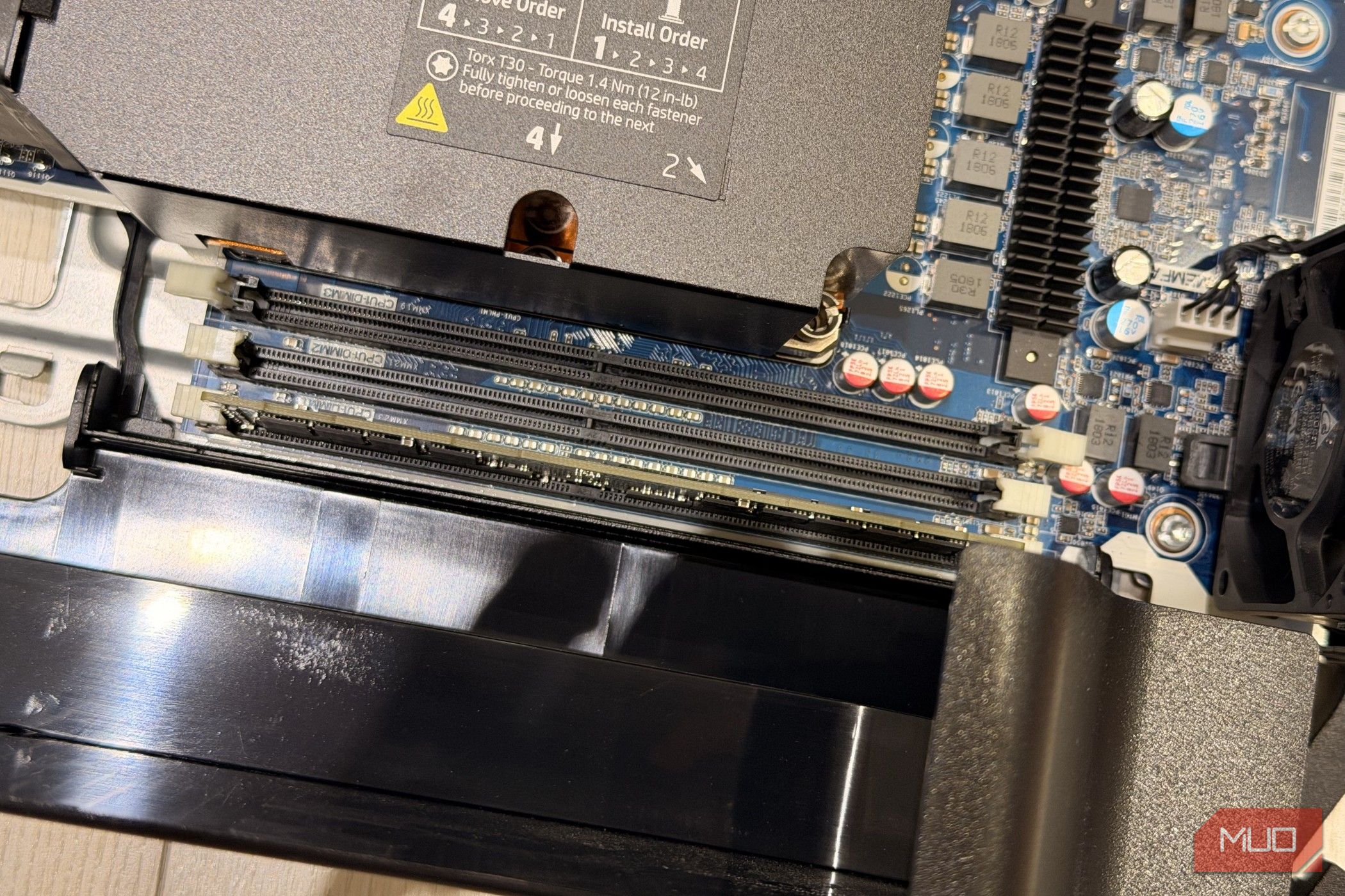 Close up of empty CPU memory DIMM slots on the HP Z6 G4 motherboard