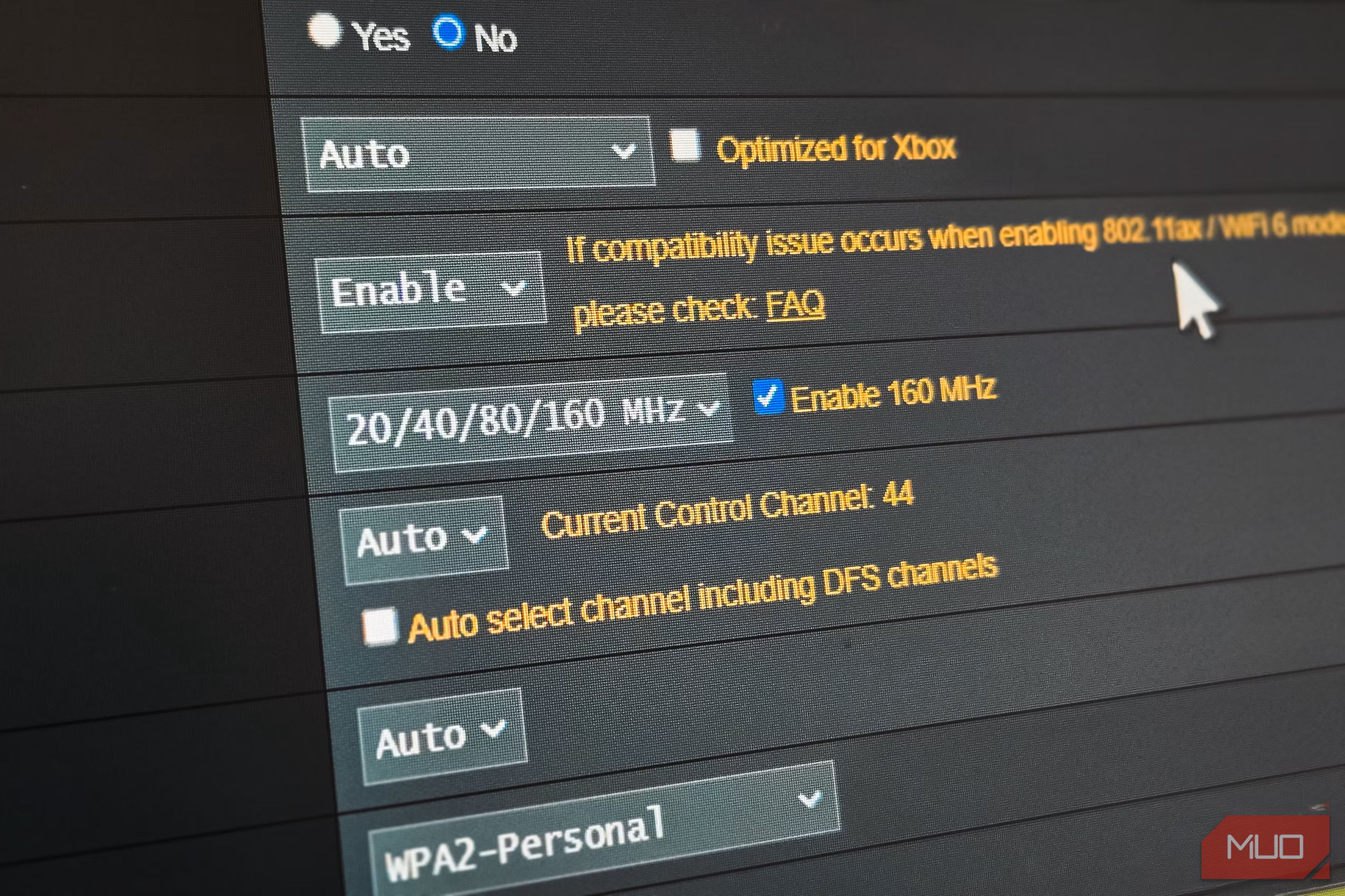 Close up of router settings page showing DFS option