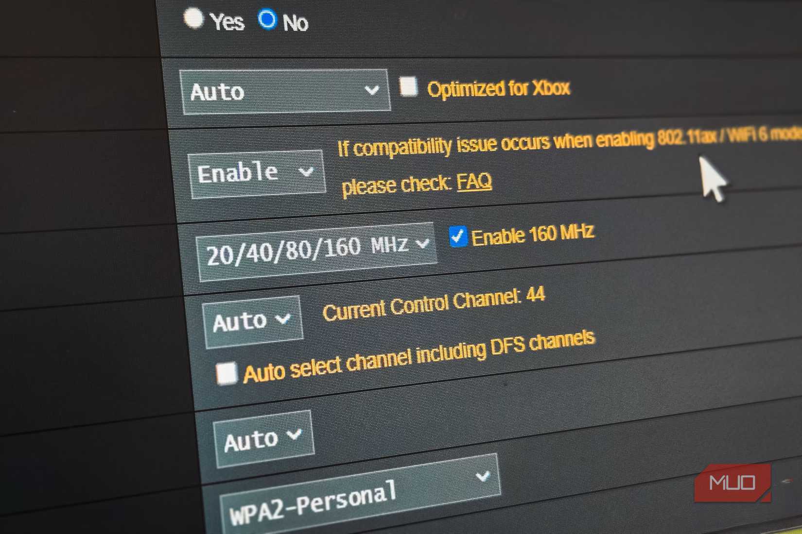 Close up of router settings page showing DFS option