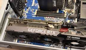 Close up of the ASUS TUF Gaming RTX 3090 graphics card backplate in the case