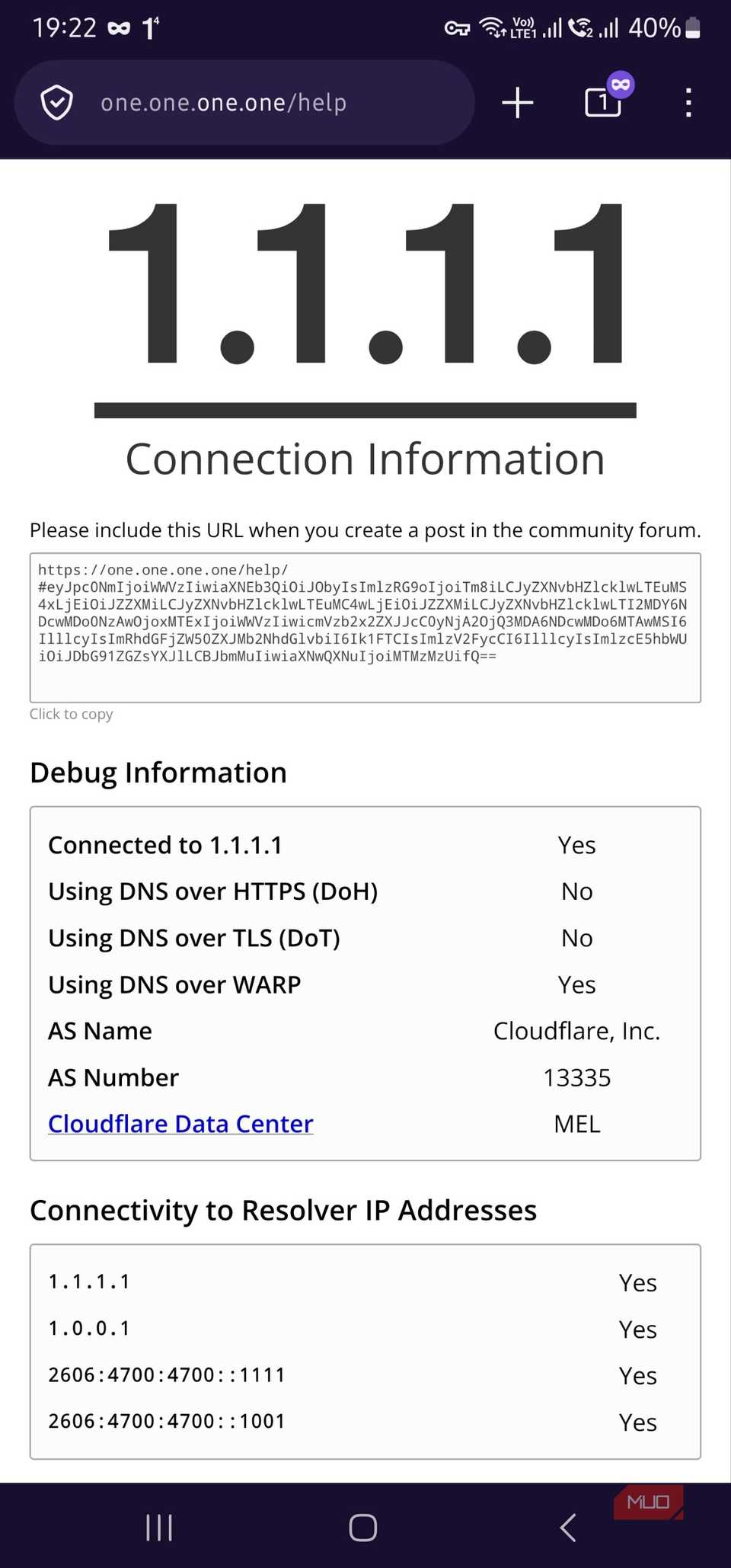 Cloudflare 1.1.1.1 help results showing DNS and traffic over WARP