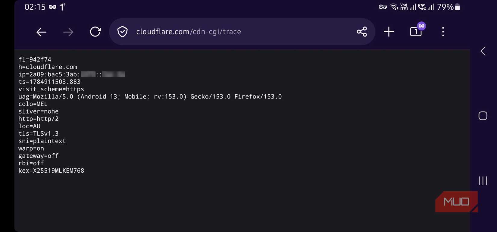 Cloudflare trace results while connected to WARP