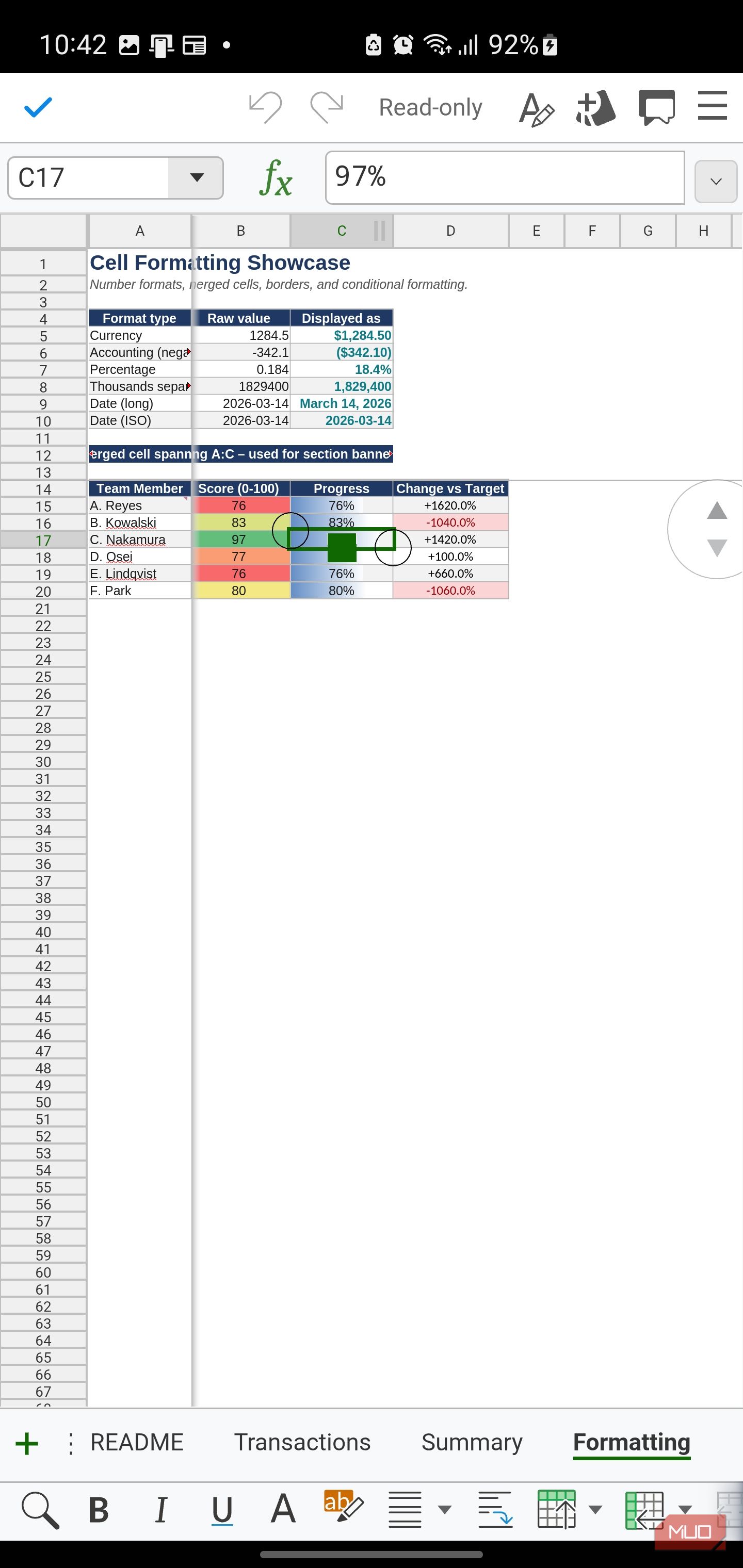 Collabora Office displaying a formatting showcase table