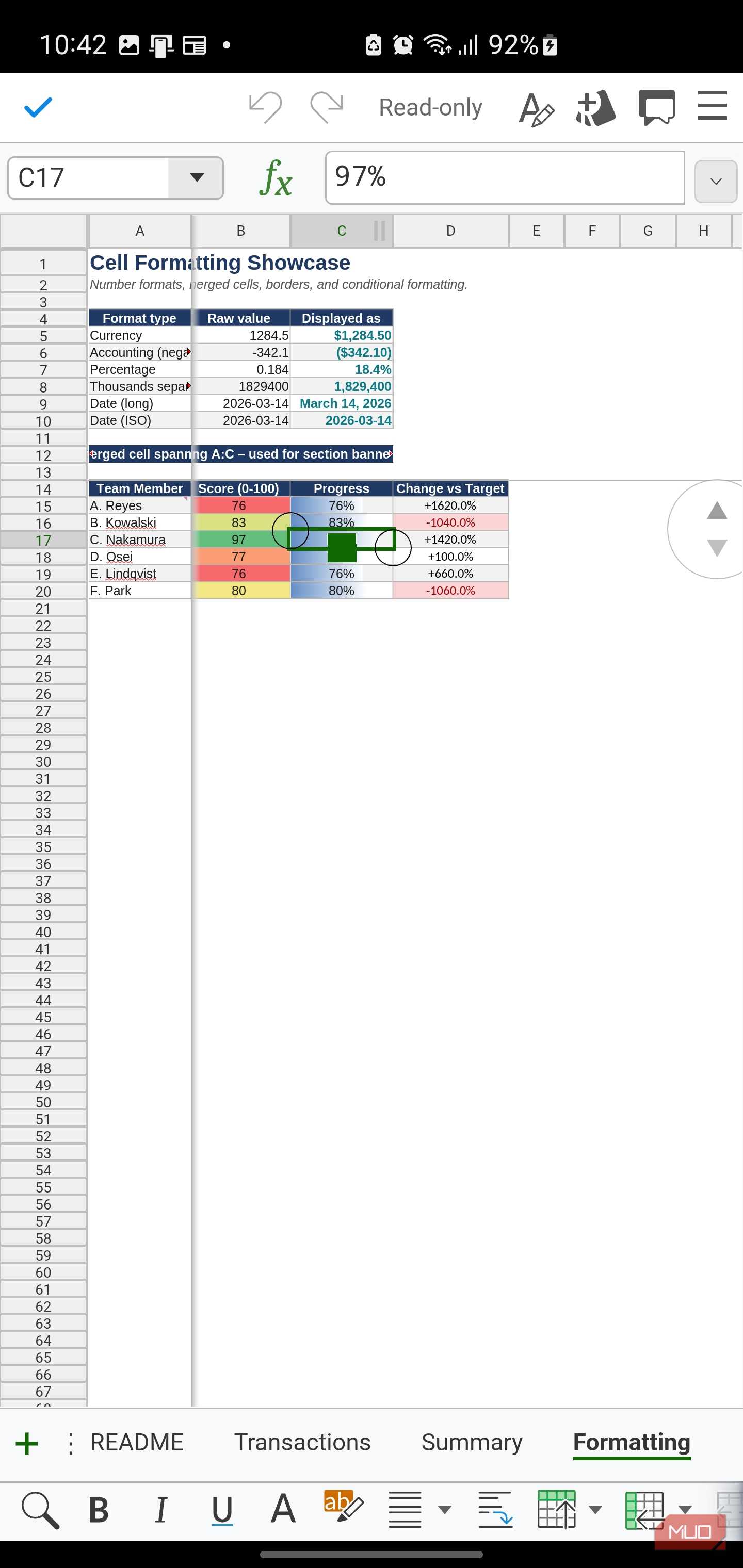 Collabora Office displaying a formatting showcase table