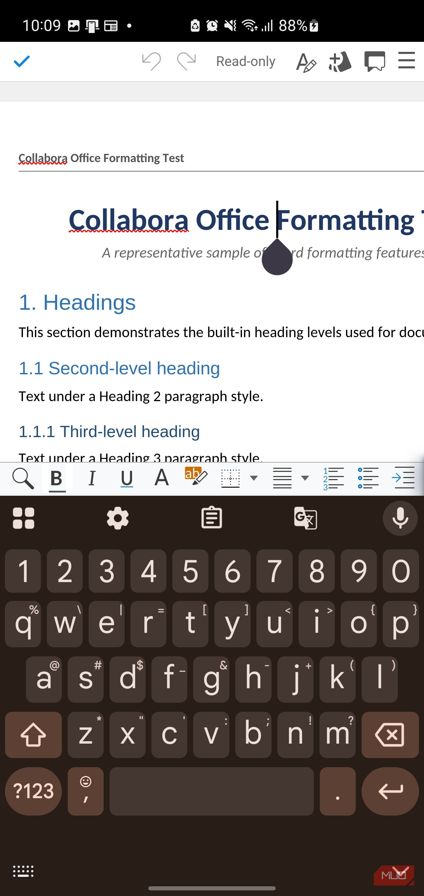 Collabora Office document formatting test on mobile