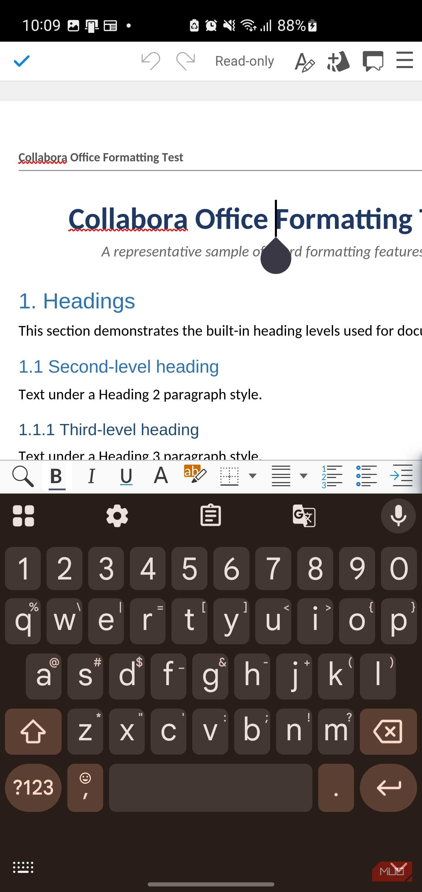 Collabora Office document formatting test on mobile