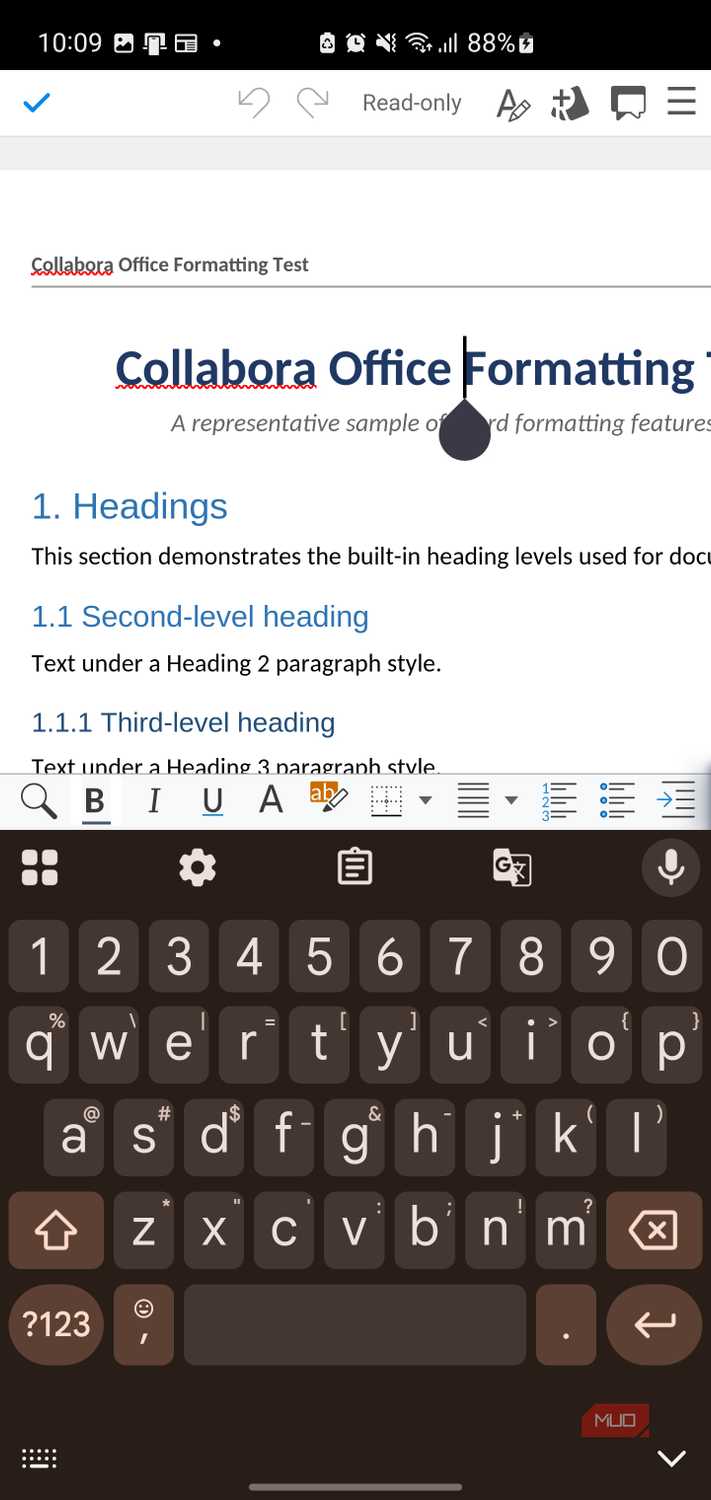 Collabora Office document formatting test on mobile