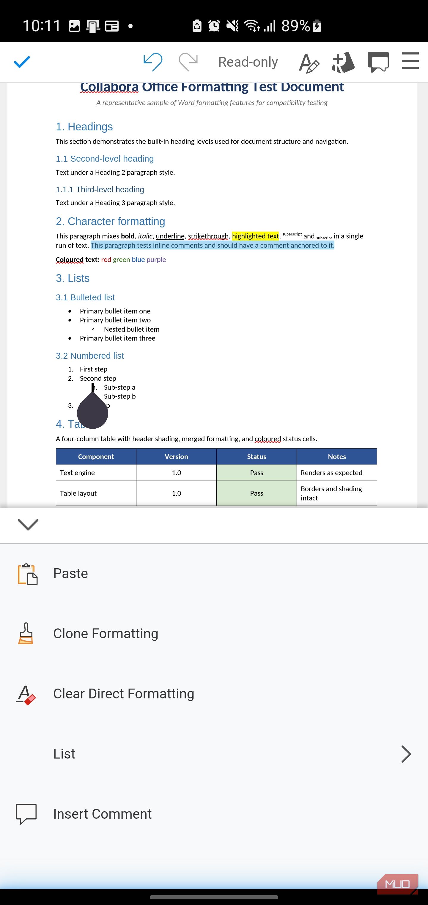 Collabora Office document with formatting options menu