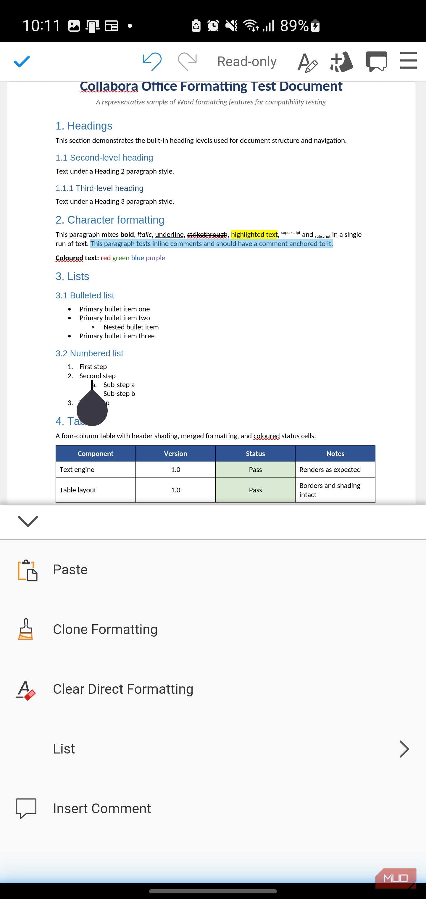 Collabora Office document with formatting options menu