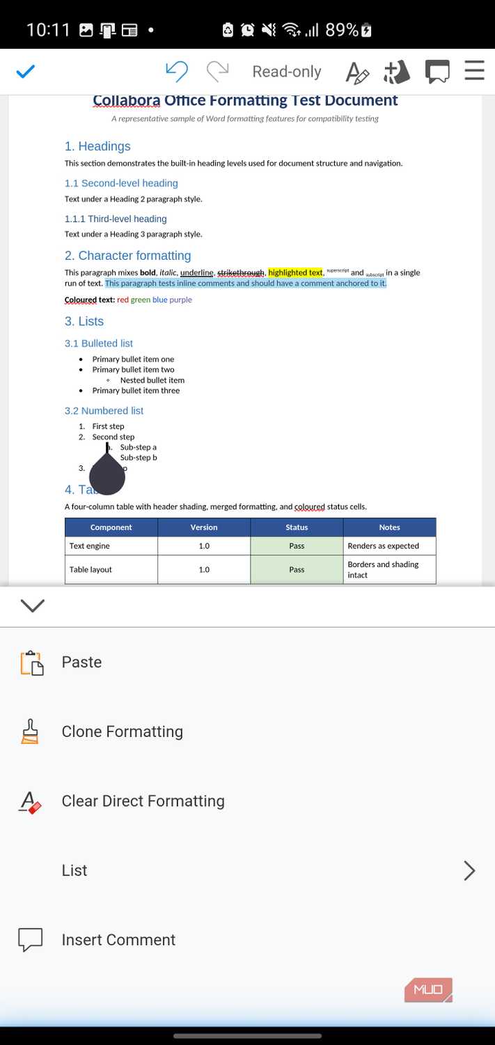 Collabora Office document with formatting options menu