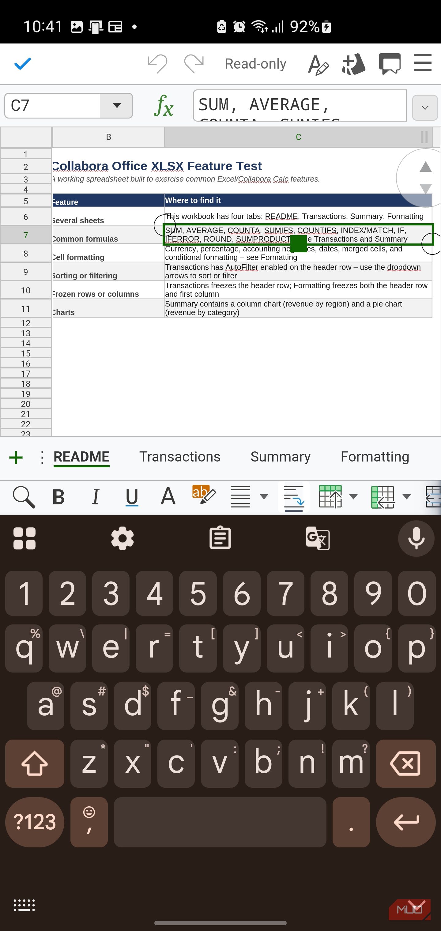 Collabora Office showing feature test document