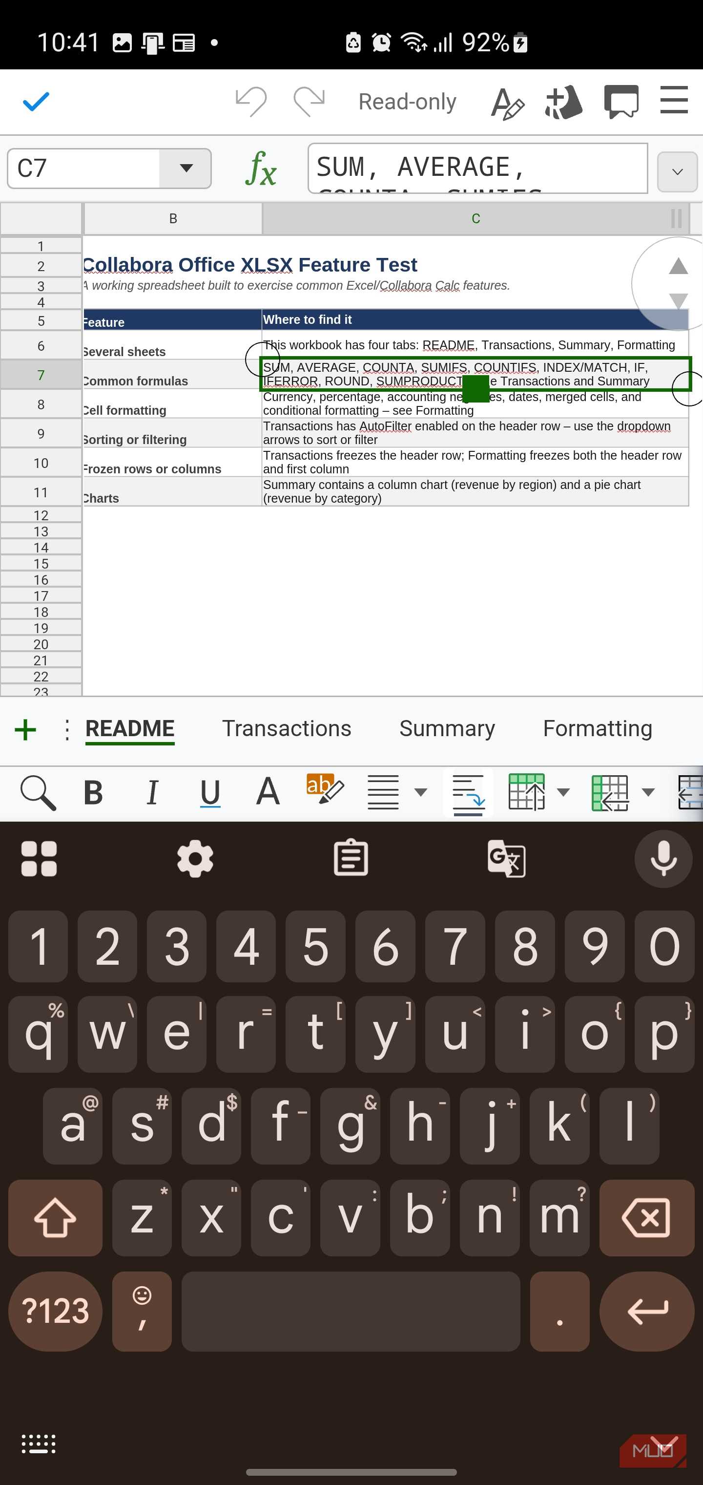 Collabora Office showing feature test document