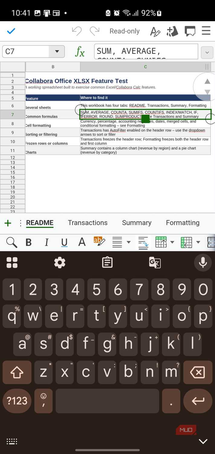 Collabora Office showing feature test document