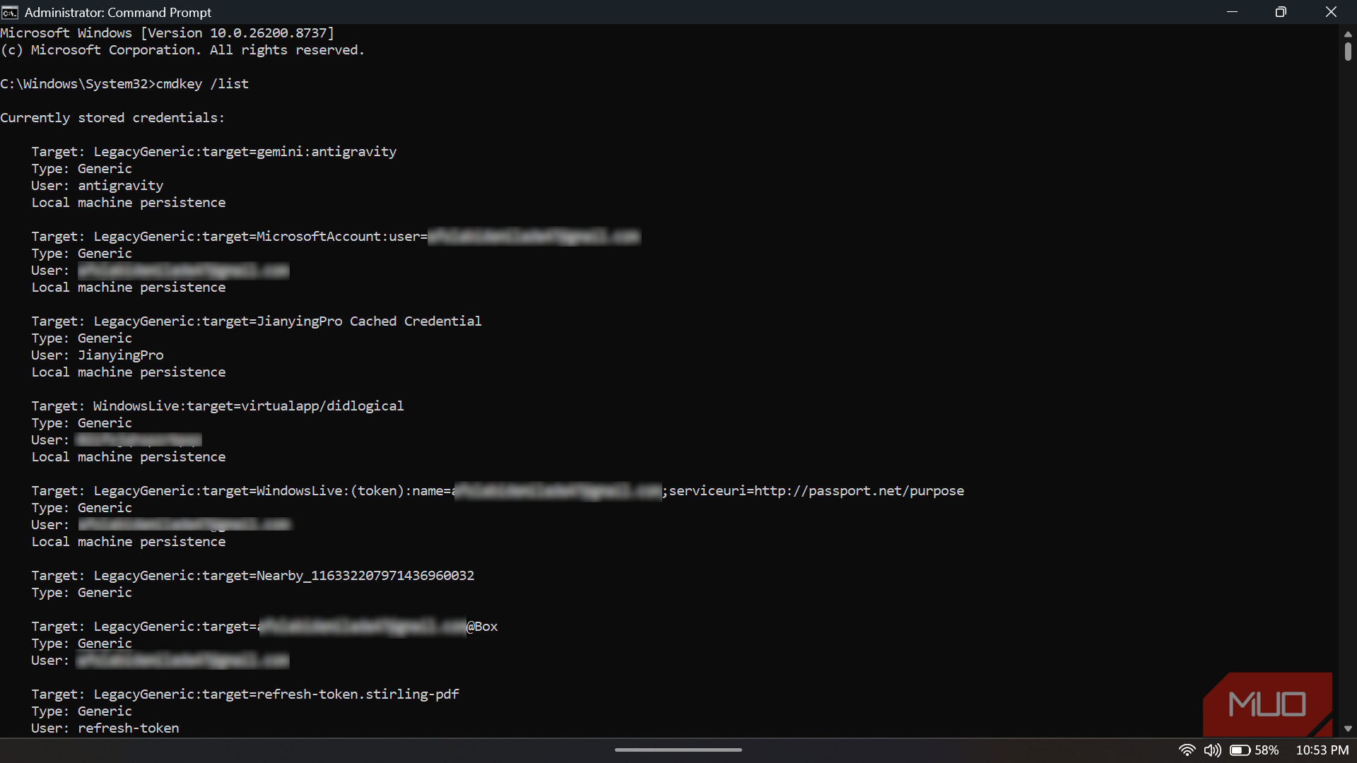 Command Prompt listing stored user credentials