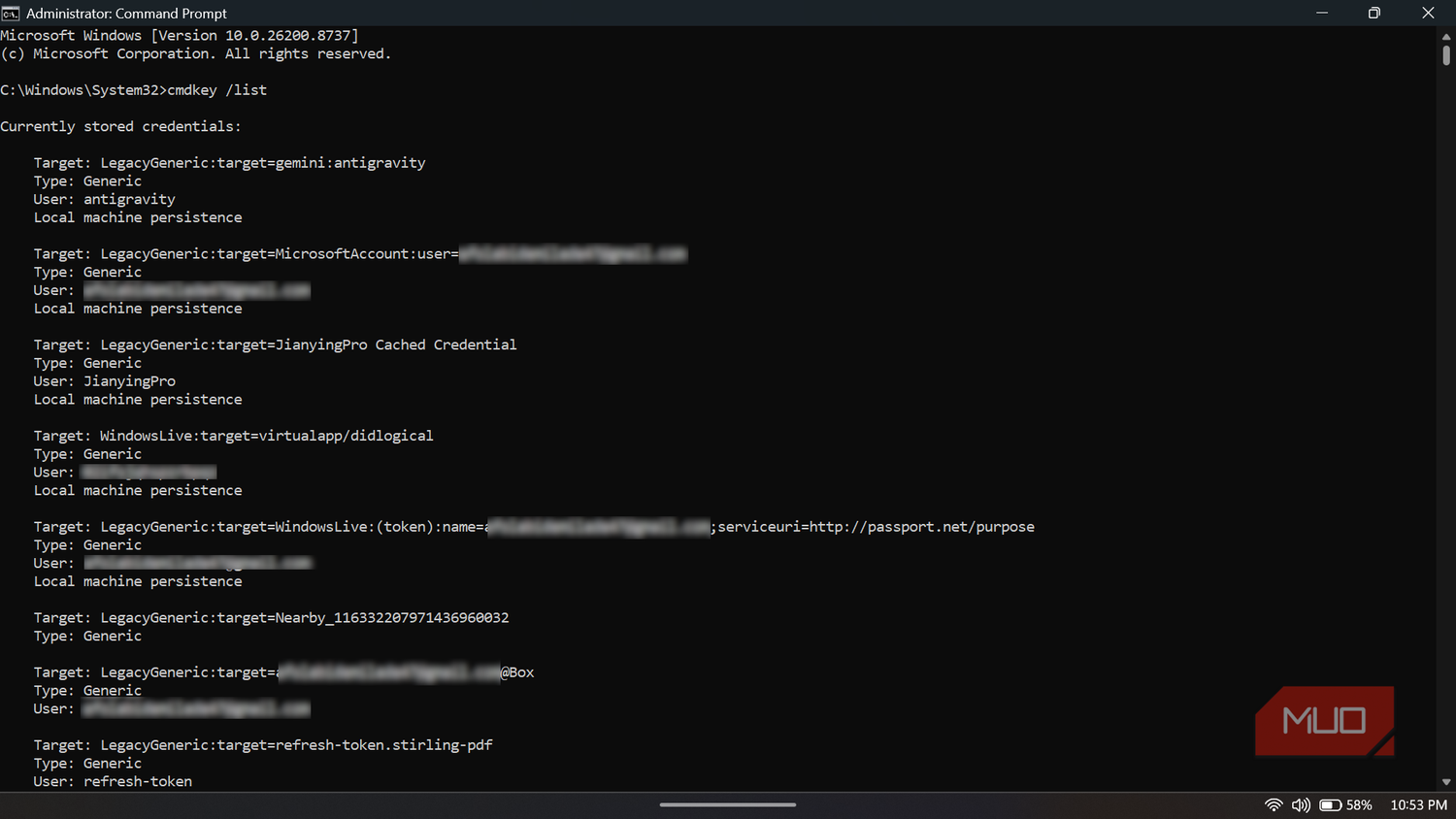 Command Prompt listing stored user credentials