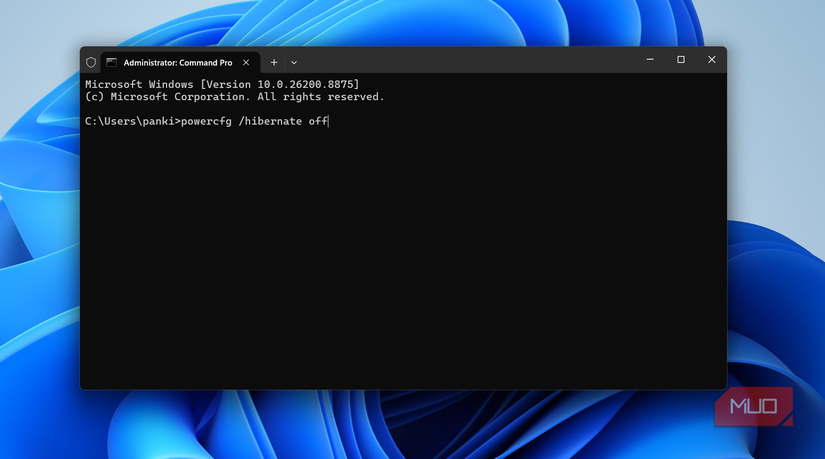 Command Prompt showing hibernation off command