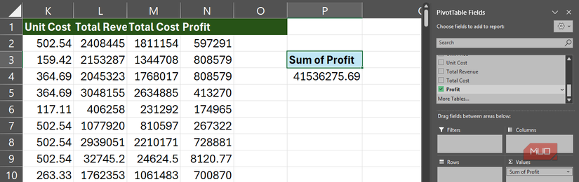 Configuring a PivotTable to display Sum of Profit in Excel.