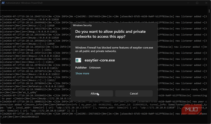 Connecting EasyTier on Windows device