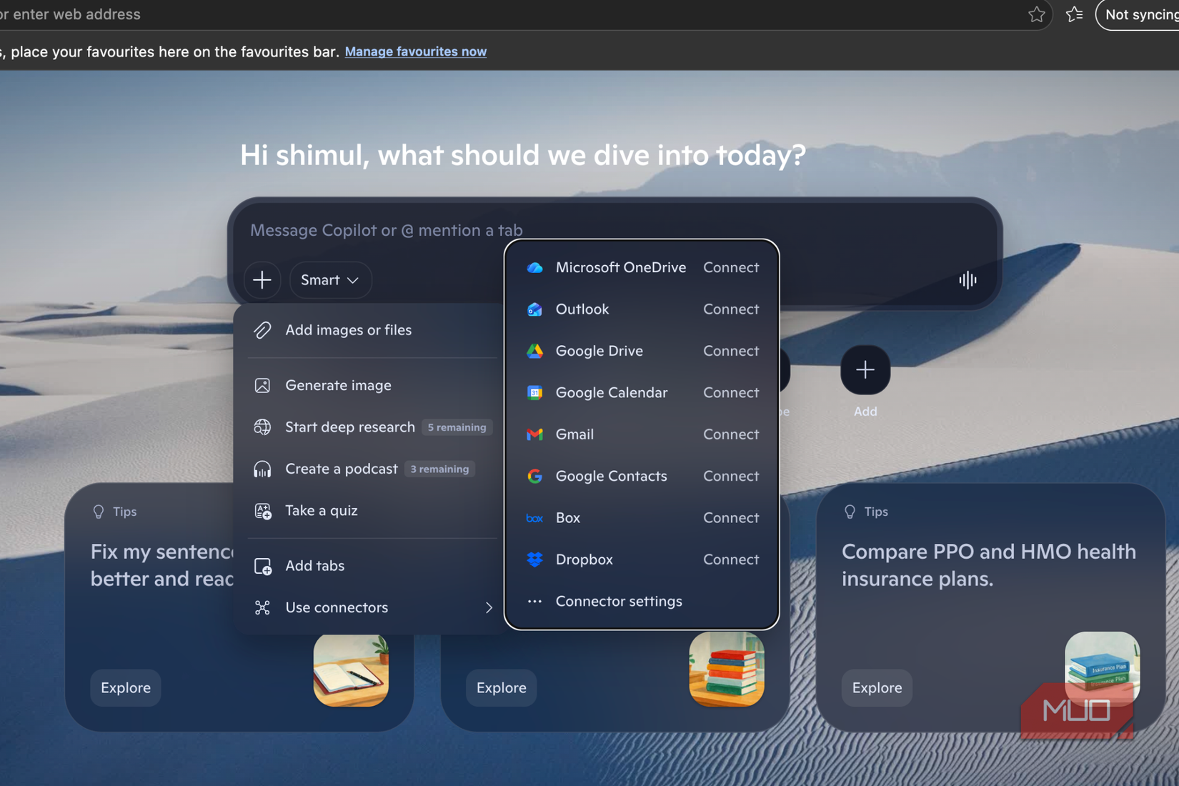 Connectors opened on Microsoft Edge browser