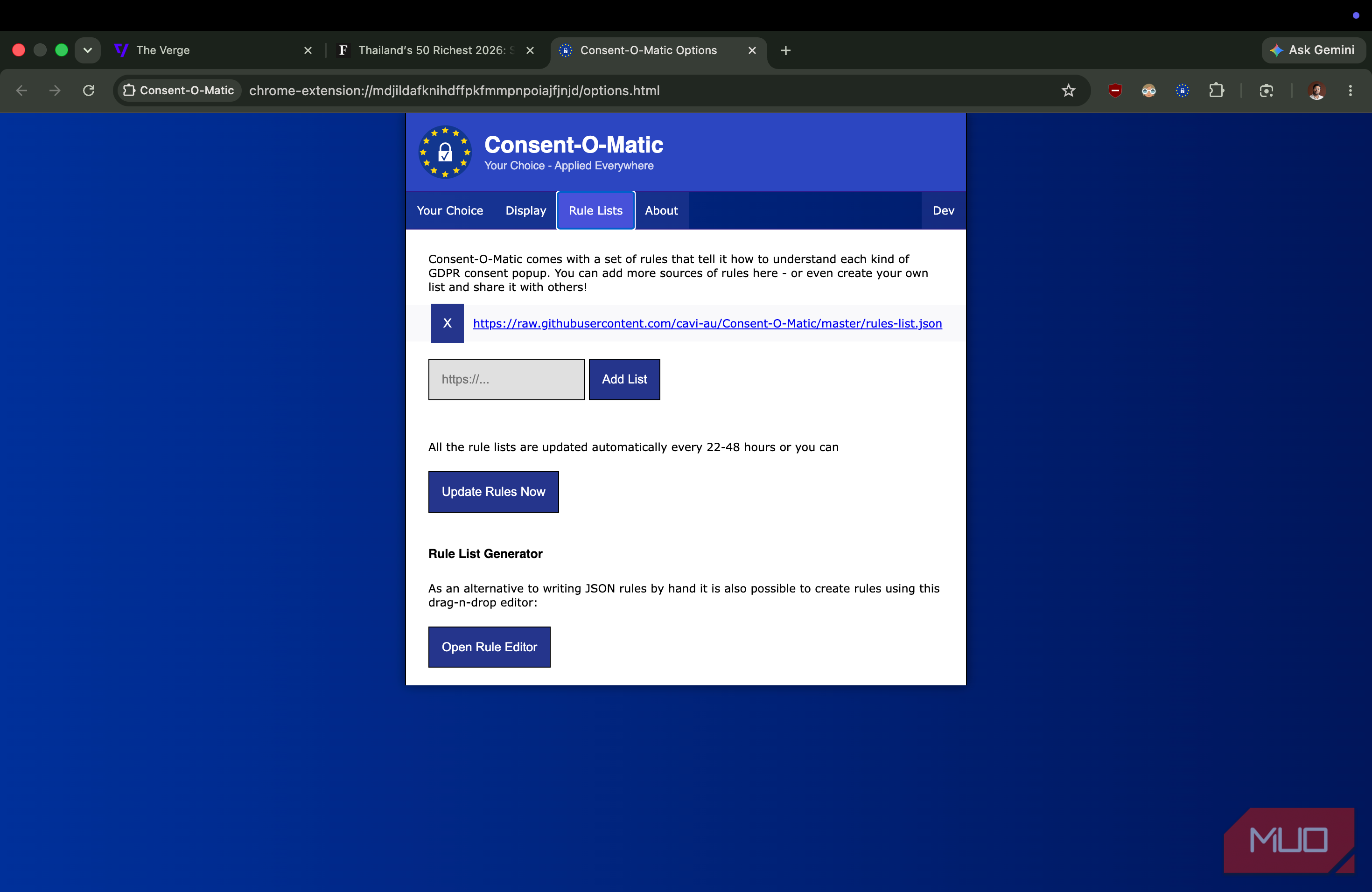 list control options for Consent O Matic