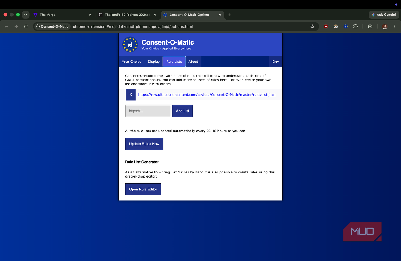 list control options for Consent O Matic