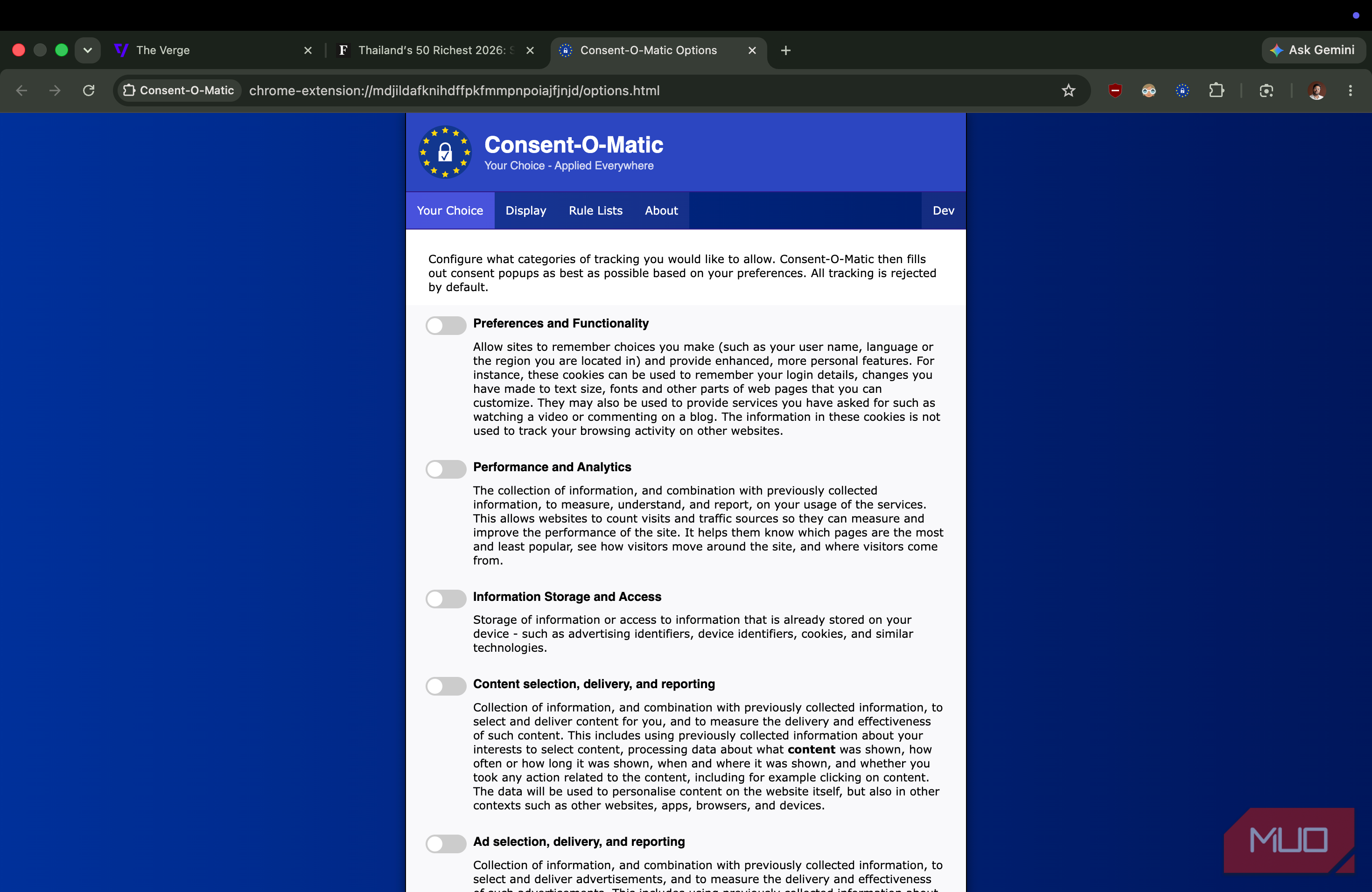 preference management for Consent O Matic extension