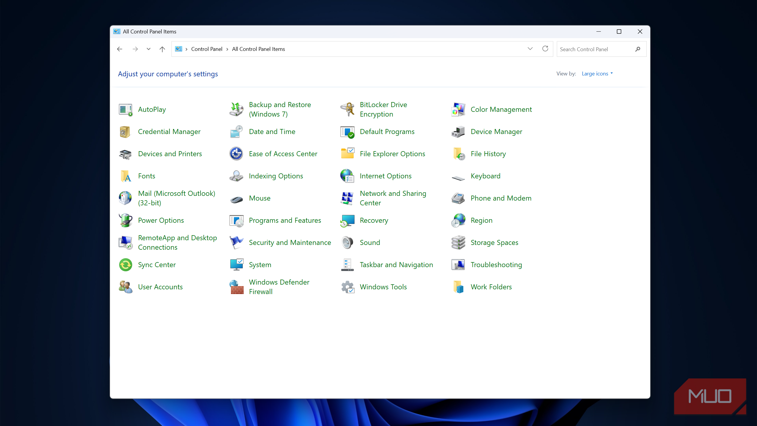 Control Panel items in Windows.