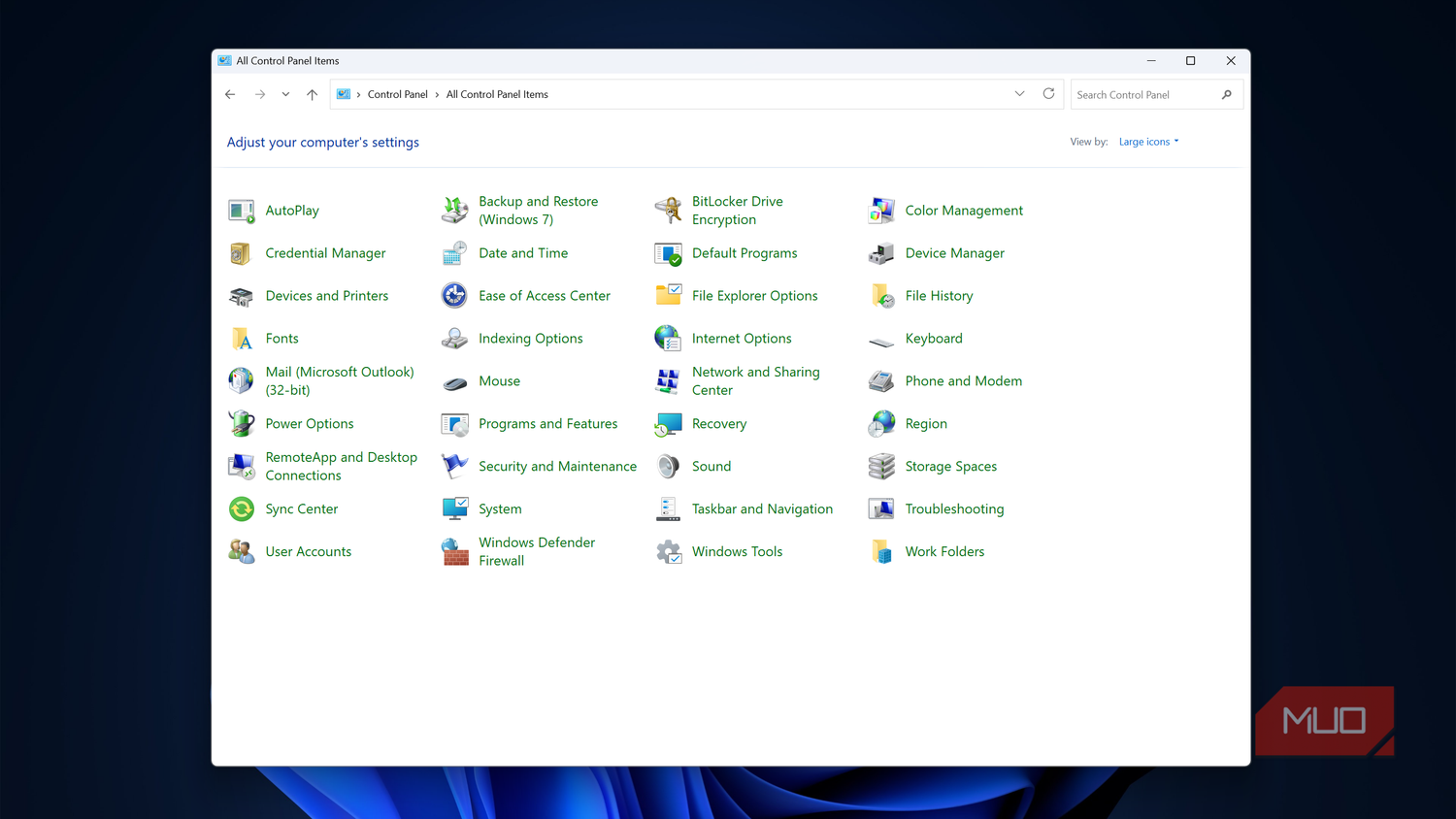 Control Panel items in Windows.