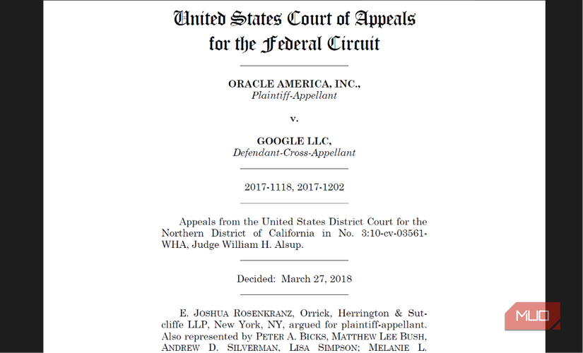 وثيقة المحكمة لاستئناف Oracle ضد Google