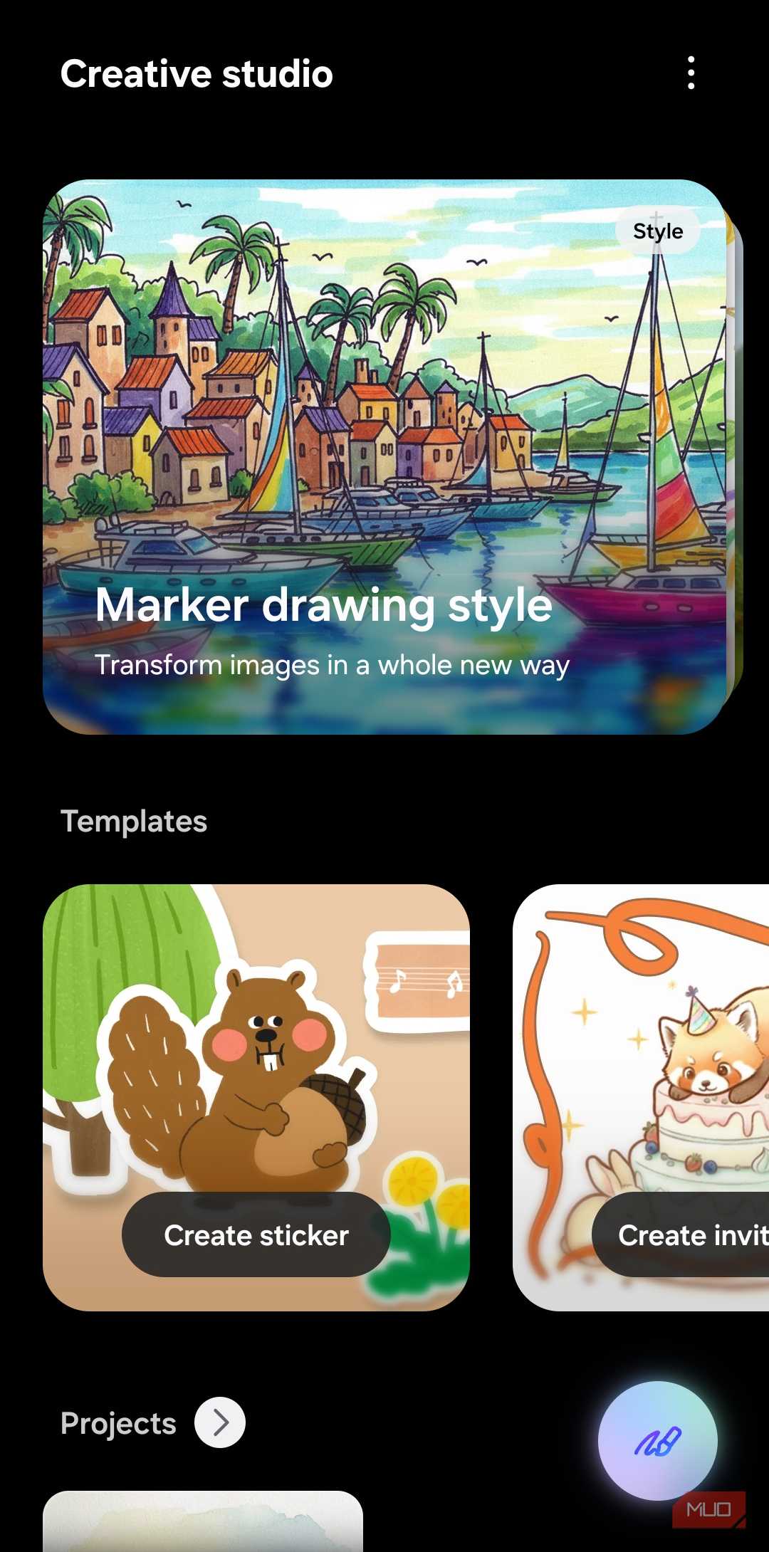 Creative studio app on Samsung phone