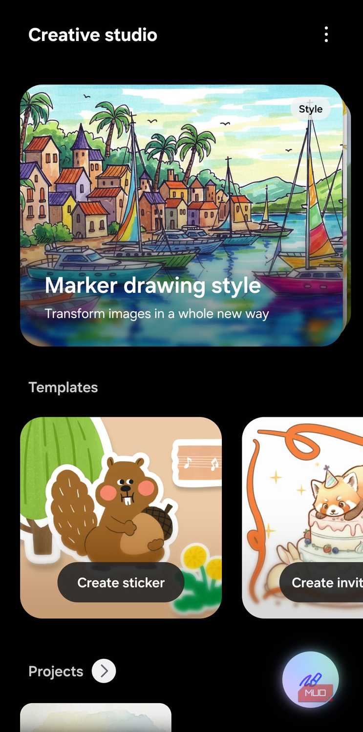 Creative studio app on Samsung phone