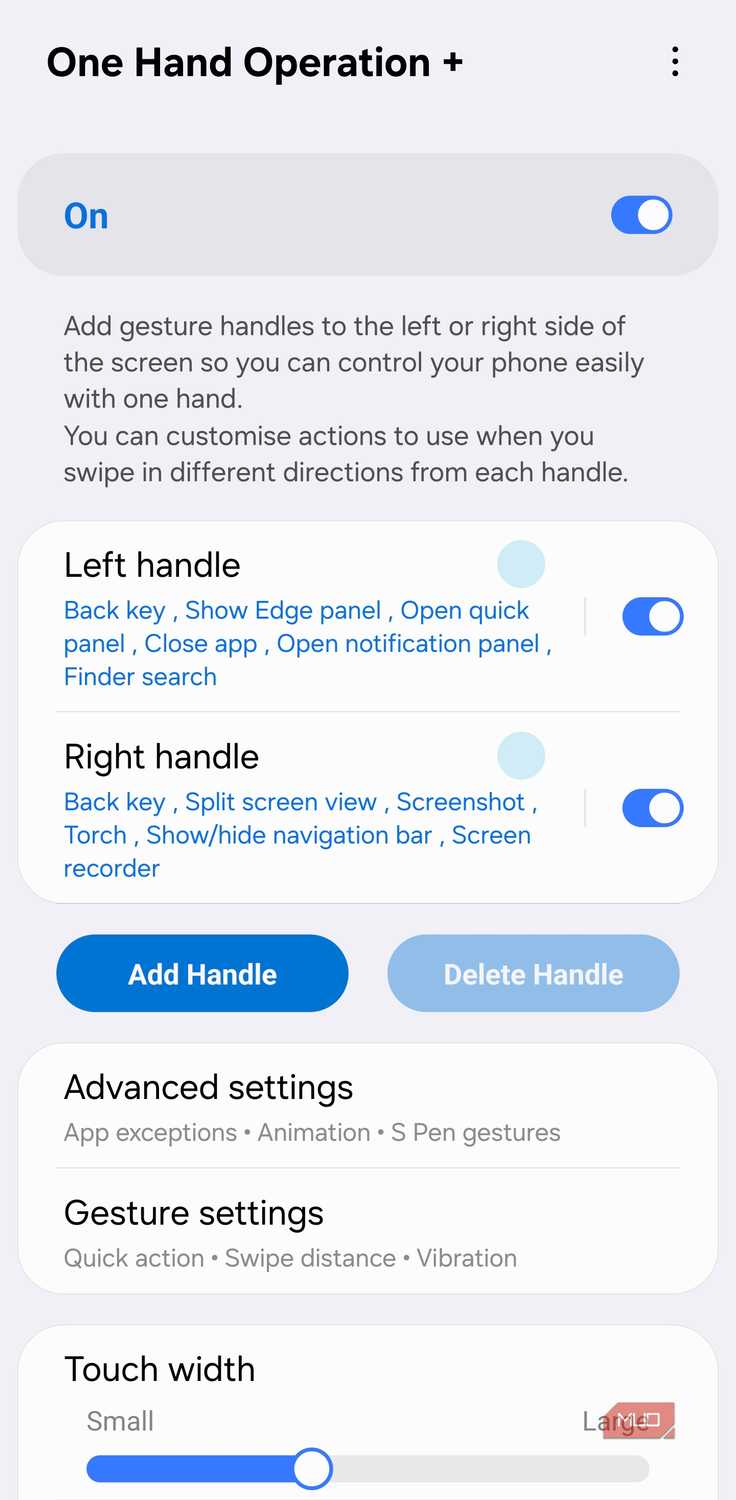 Custom gesture handles in One Hand Operation+