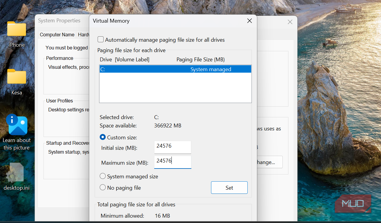 Custom size for Virtual Memory