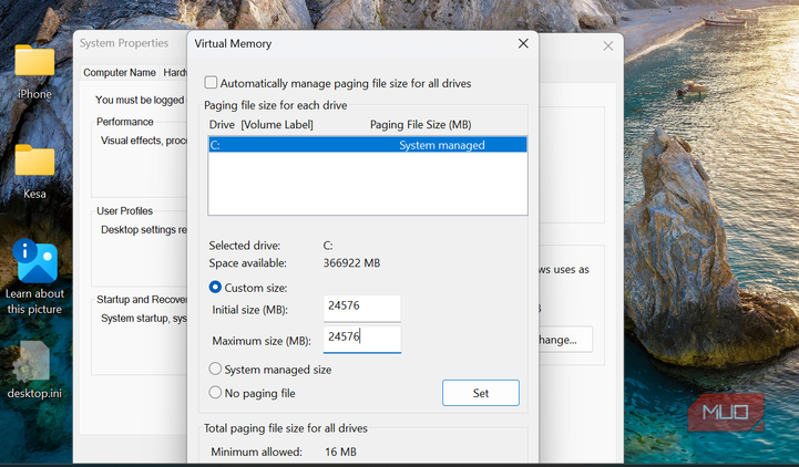 Custom size for Virtual Memory