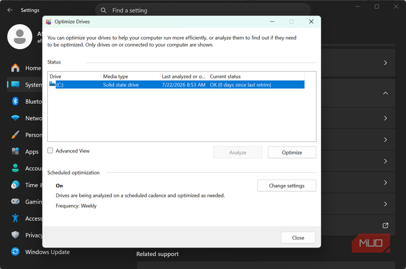 Default weekly drive optimization on Settings