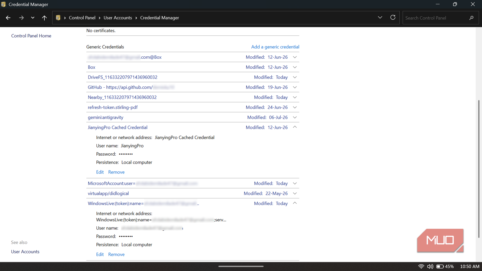 Deleting stored generic credentials in Windows Credential Manager.