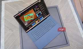 A top-down look at the XPS 16 display and keyboard.