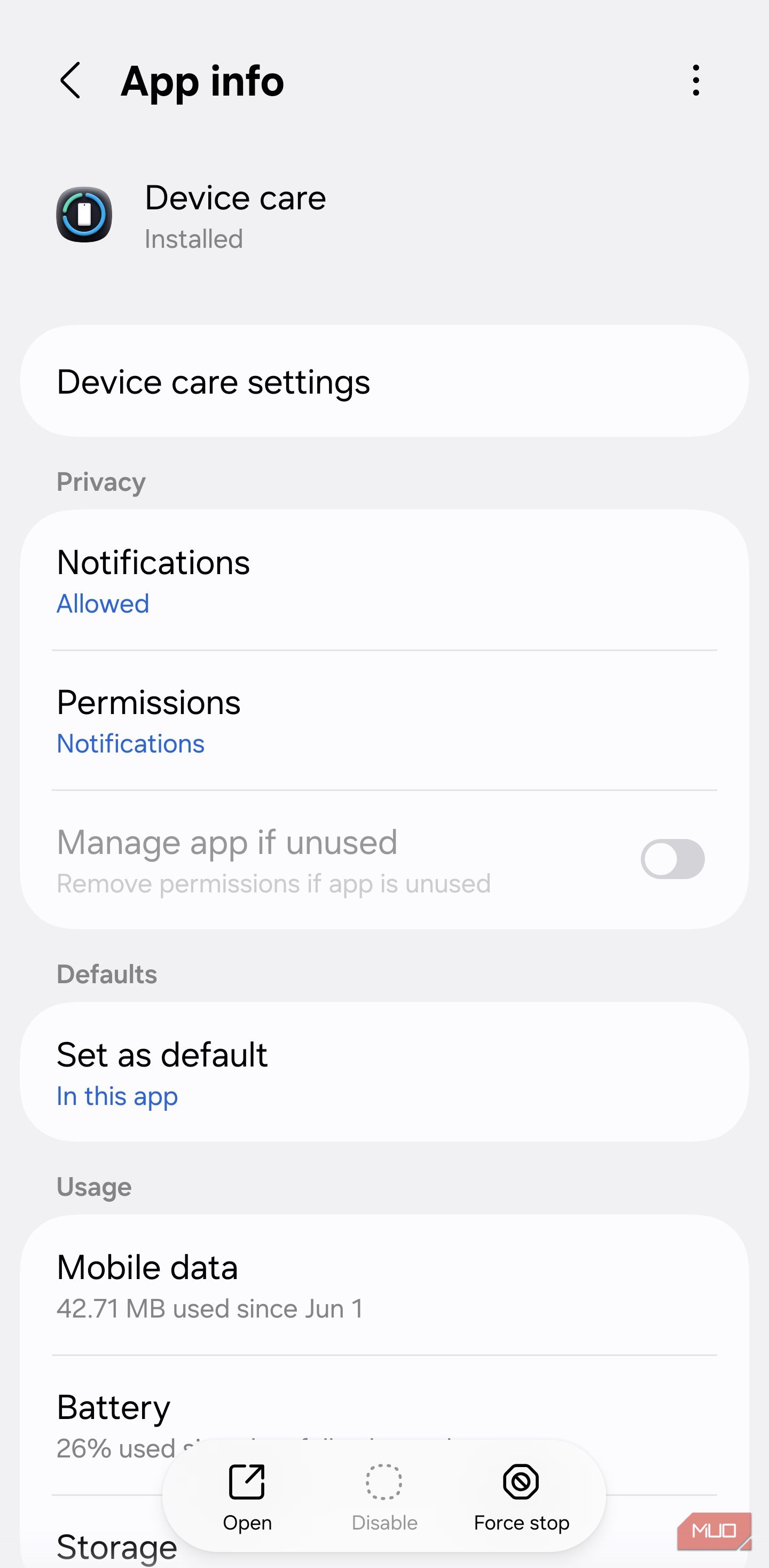 Device Care app info settings screen