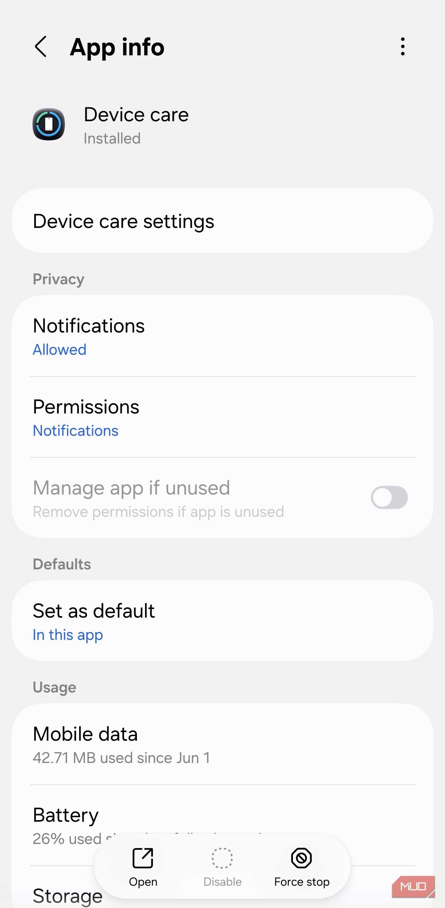 Device Care app info settings screen