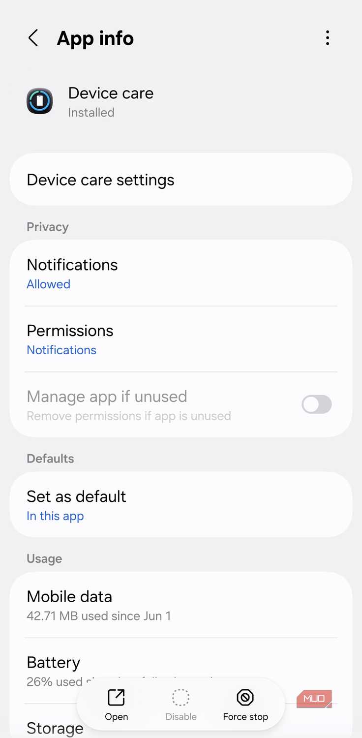 Device Care app info settings screen
