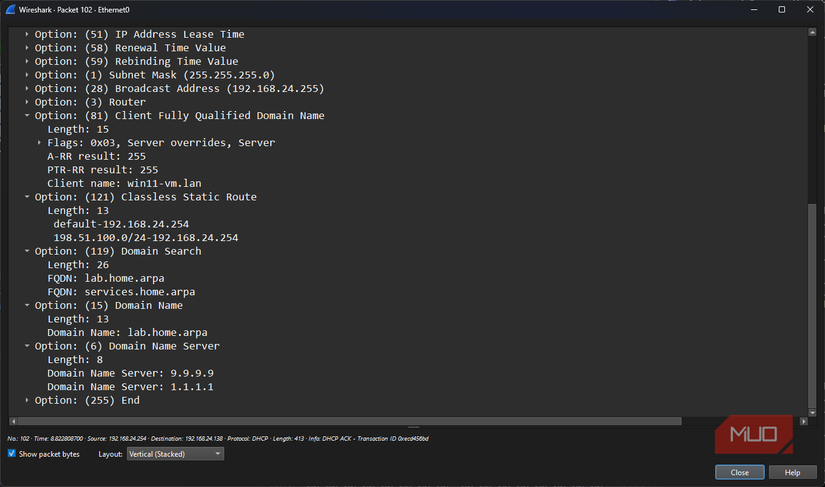 Windows 11 VM Wireshark DHCP DORA ACK packet showing custom options