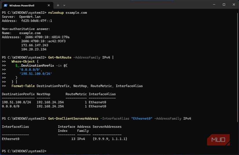 DHCP installed routes and nslookup showing IPv6 resolver used