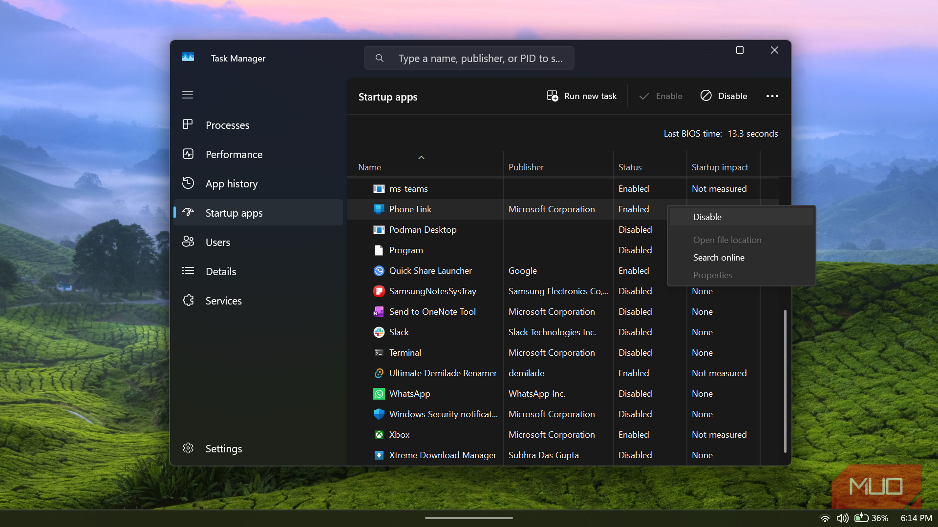 Disabling Phone Link in Windows Task Manager startup apps_