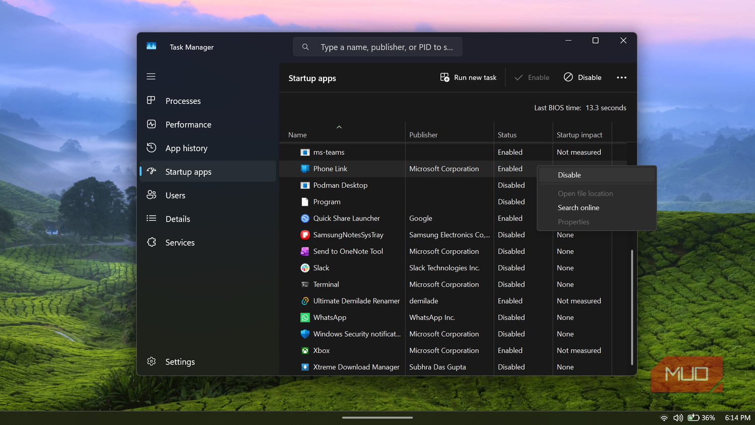 Disabling Phone Link in Windows Task Manager startup apps_