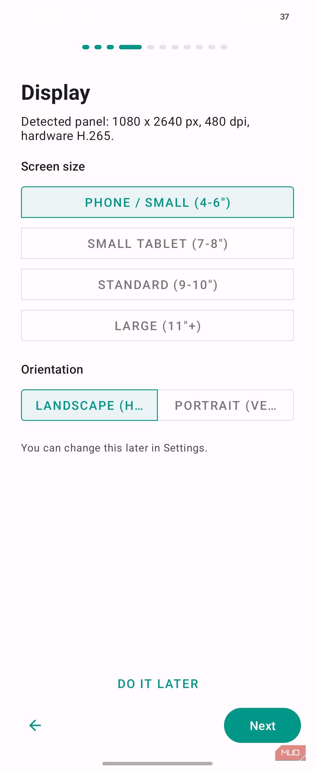 Display Settings Configuration Screen Showing Phone Screen Size And Landscape Orientation Selection