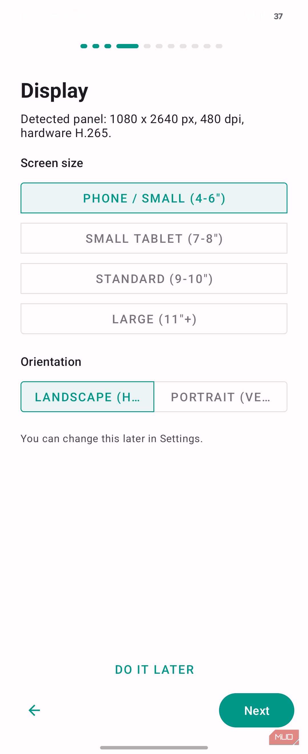 Display Settings Configuration Screen Showing Phone Screen Size And Landscape Orientation Selection