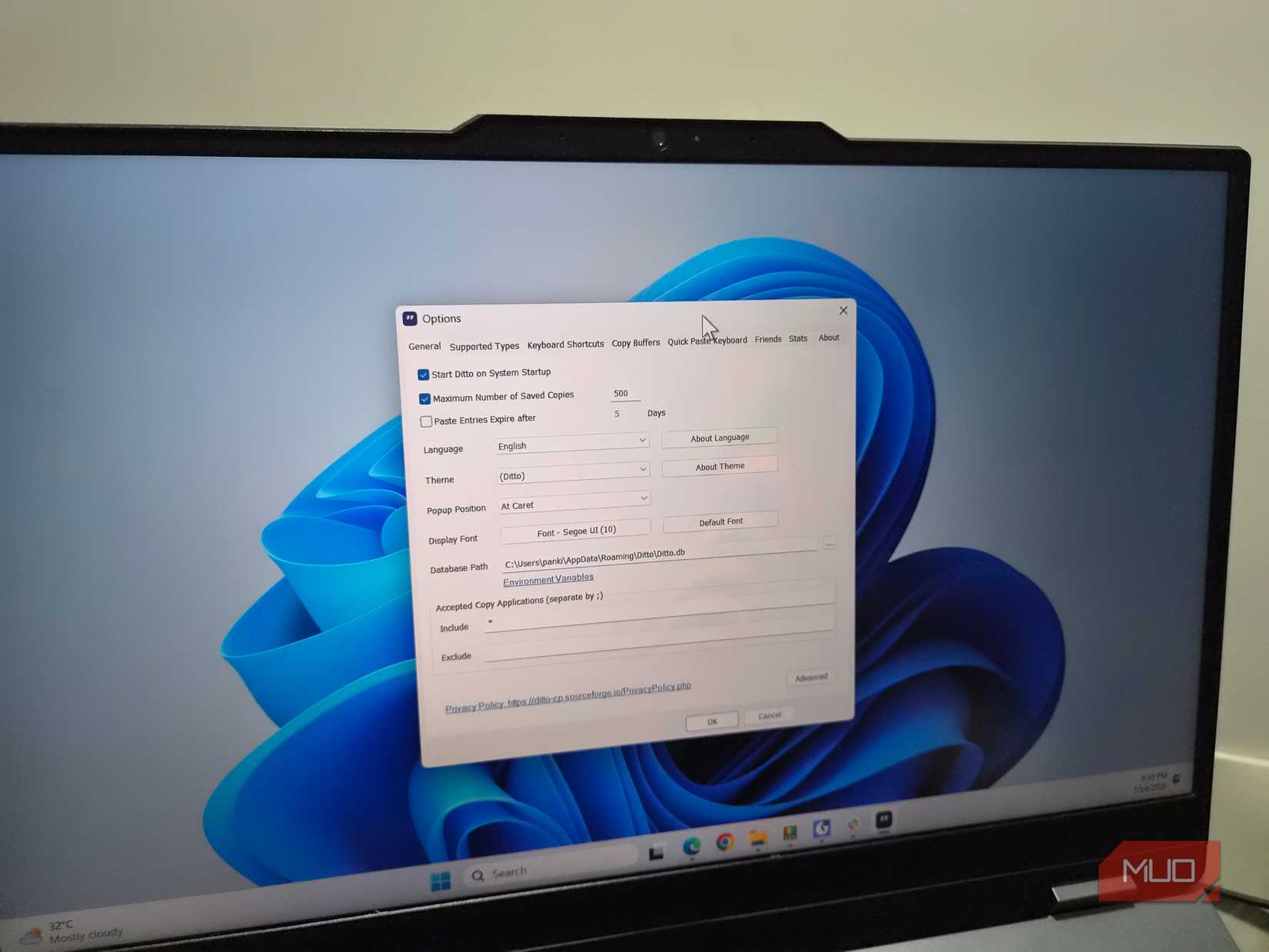 Ditto clipboard app settings on a Windows laptop