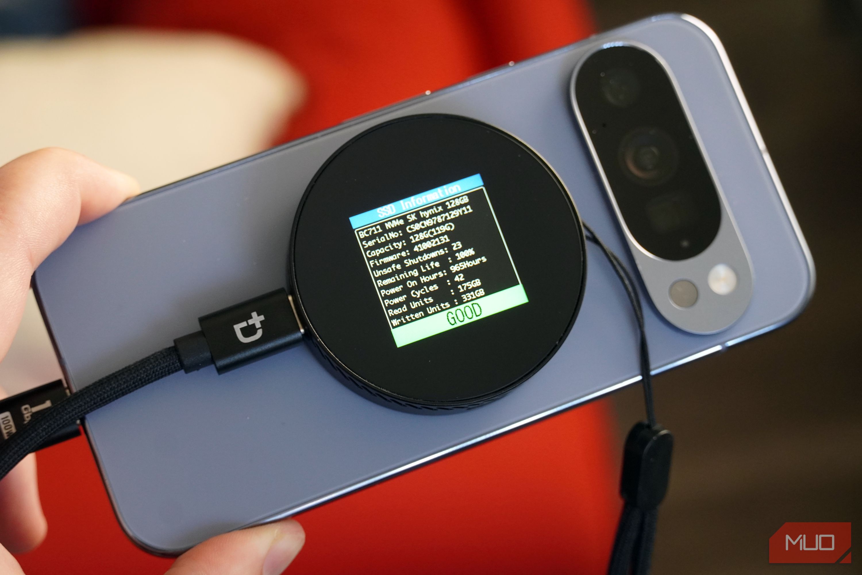 The Dockcase SSD connected to a Pixel 10 Pro with MagSafe.