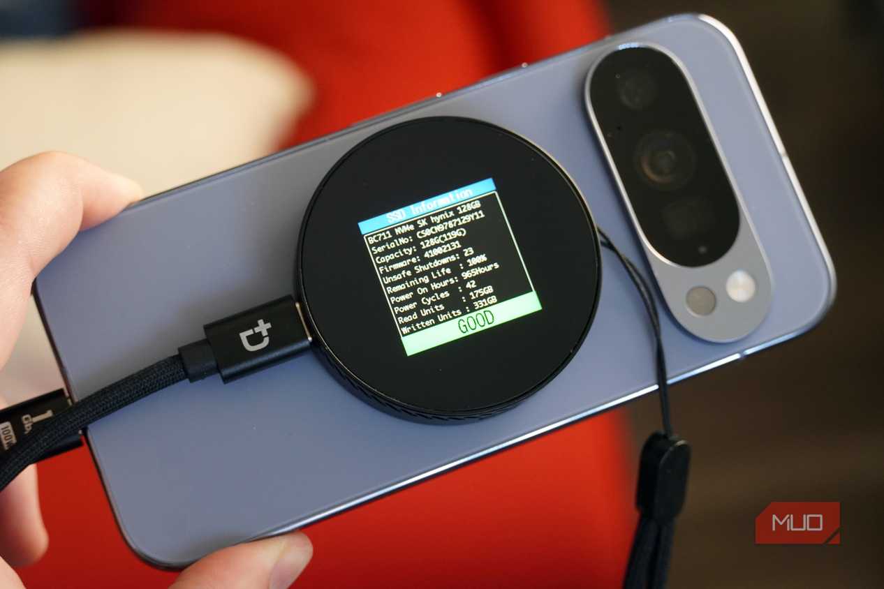 The Dockcase SSD connected to a Pixel 10 Pro with MagSafe.